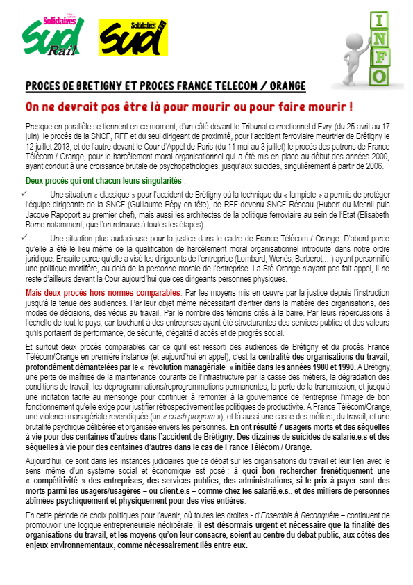 Proces de Bretigny & France télécom : On ne devrait pas être là pour mourir ou faire mourir !