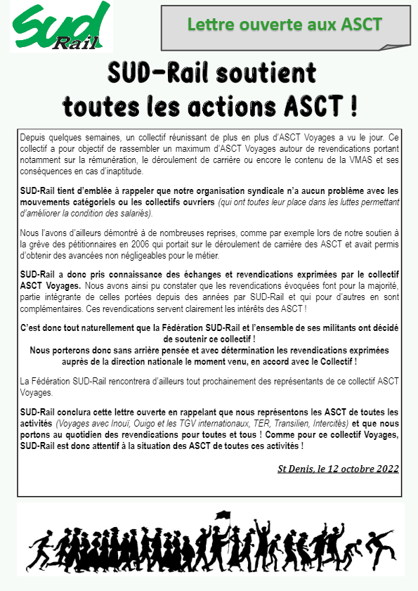 Lettre ouverte aux ASCT : SUD-Rail soutiens et soutiendra toutes vos actions !