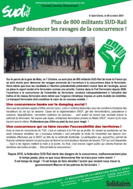 Metz : plus de 800 militants SUD-Rail pour dénoncer l’ouverture à la concurrence !