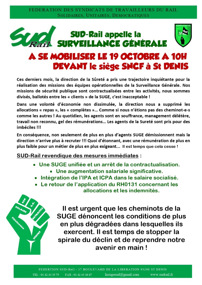 SUD-Rail appelle la Surveillance Generale à se mobiliser le 19 octobre à 10h devant le siège SNCF à Saint-Denis