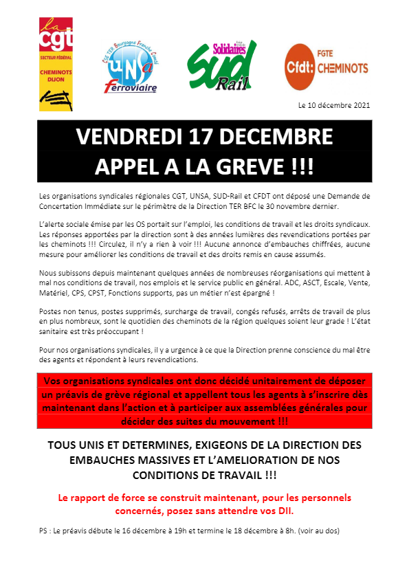 TER Bourgogne Franche-Comté : appel unitaire à la grève le 17 décembre