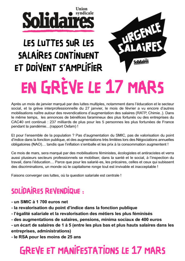 Les luttes sur les salaires continuent et doivent s’amplifier : En grève le 17 mars !