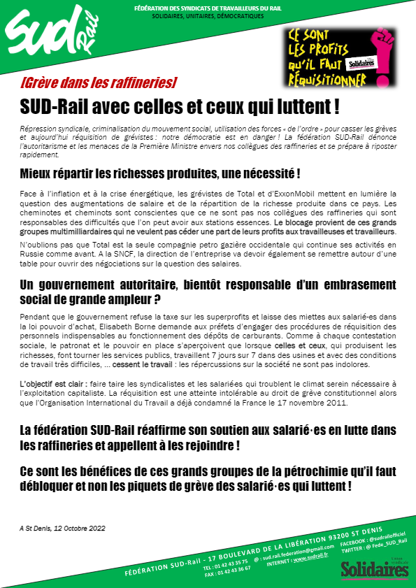 Grève dans les raffineries : SUD-Rail avec celles et ceux qui luttent !