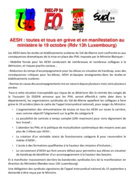 AESH : toutes et tous en grève et en manifestation au ministère le 19 octobre !(RDV 13h Luxembourg)