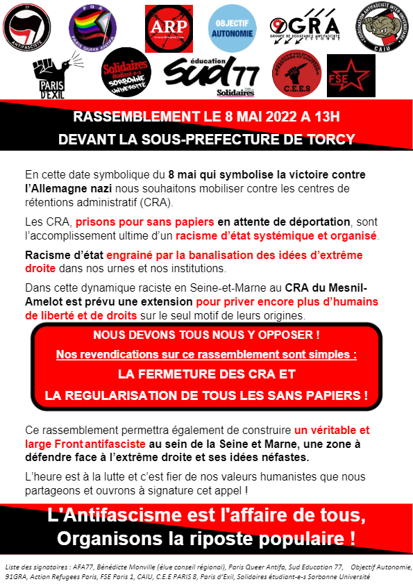 Pour la fermeture des CRA : Rassemblement le 8 mai devant la sous-préfecture de Torcy
