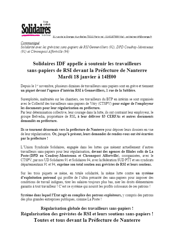 Solidaires IDF appelle à soutenir les travailleurs sans-papiers de RSI devant la Préfecture de Nanterre