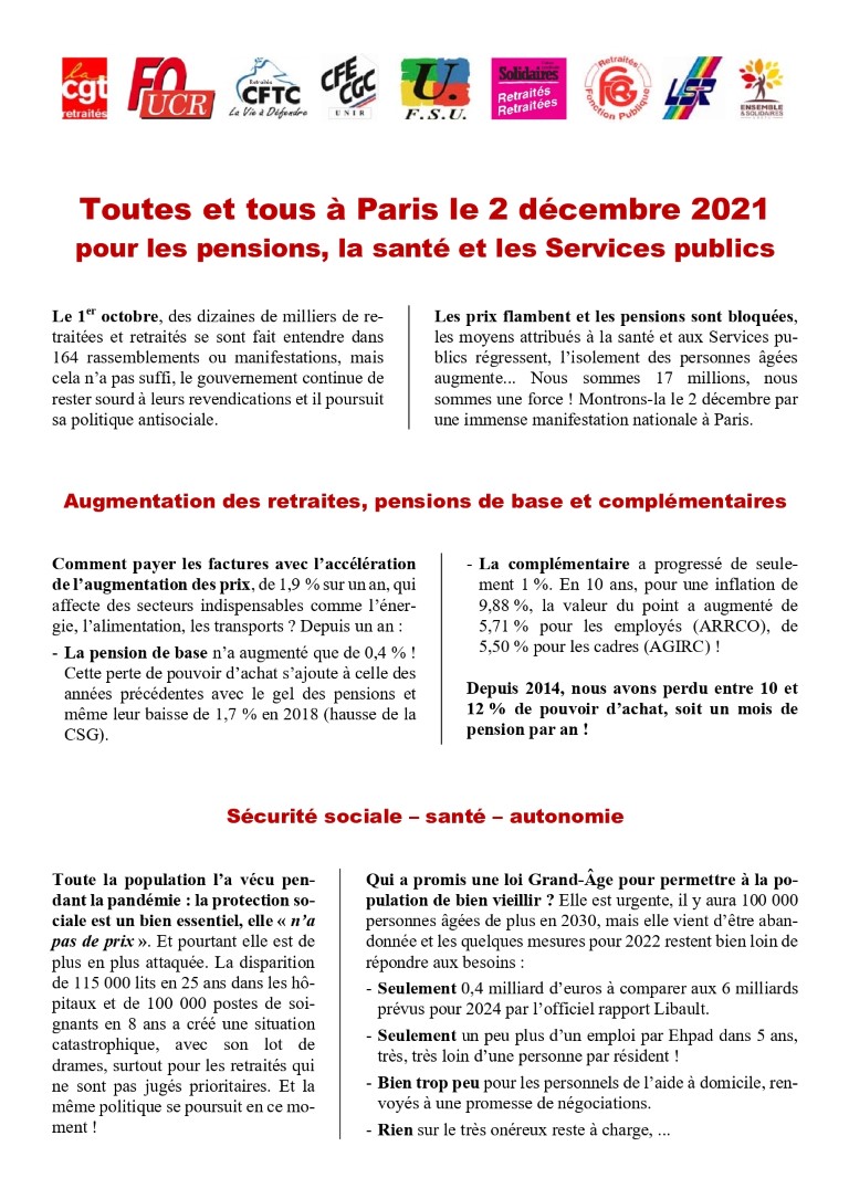 Toutes et tous à Paris le 2 décembre pour les pensions, la santé et les services publics