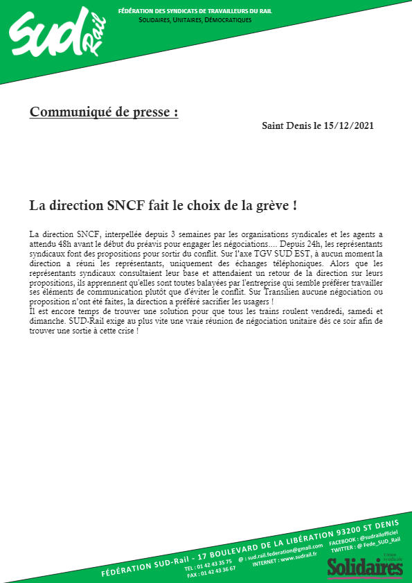 Communiqué de presse : la direction SNCF fait le choix de la grève