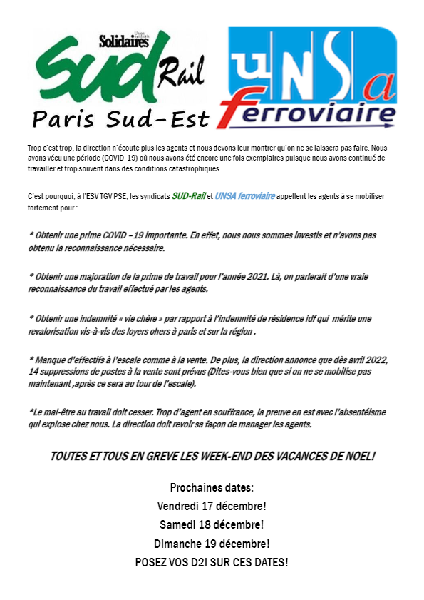 Appel à la grève à l’ESV TGV PSE